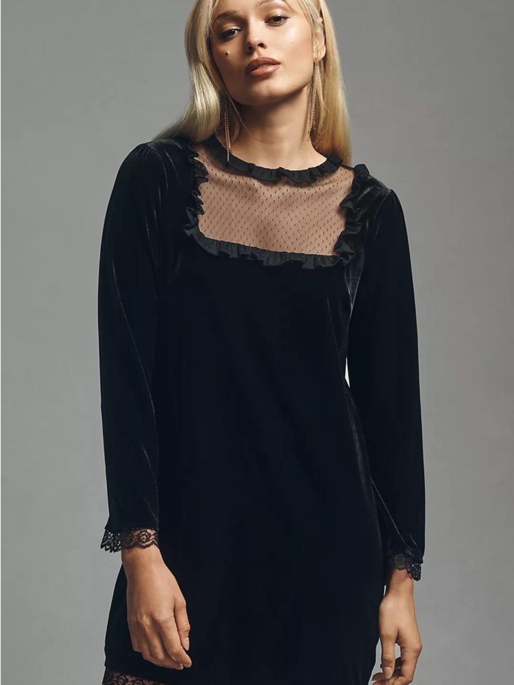 Maeve Long-Sleeve Mesh Velvet Mini Dress